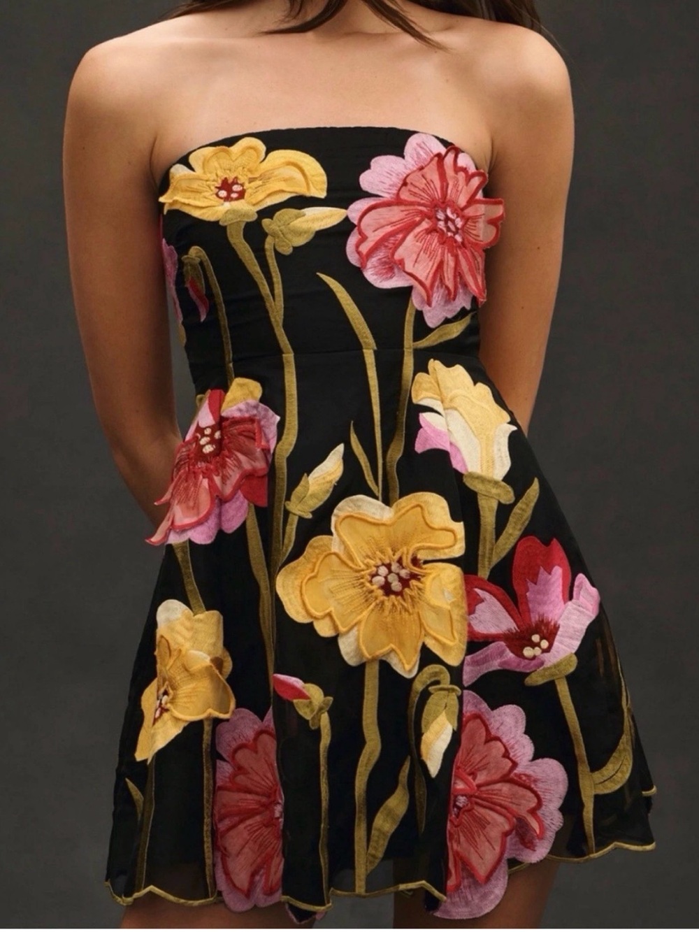 Anthropologie Black Strapless Dress with Yellow and Pink Floral Embroidery